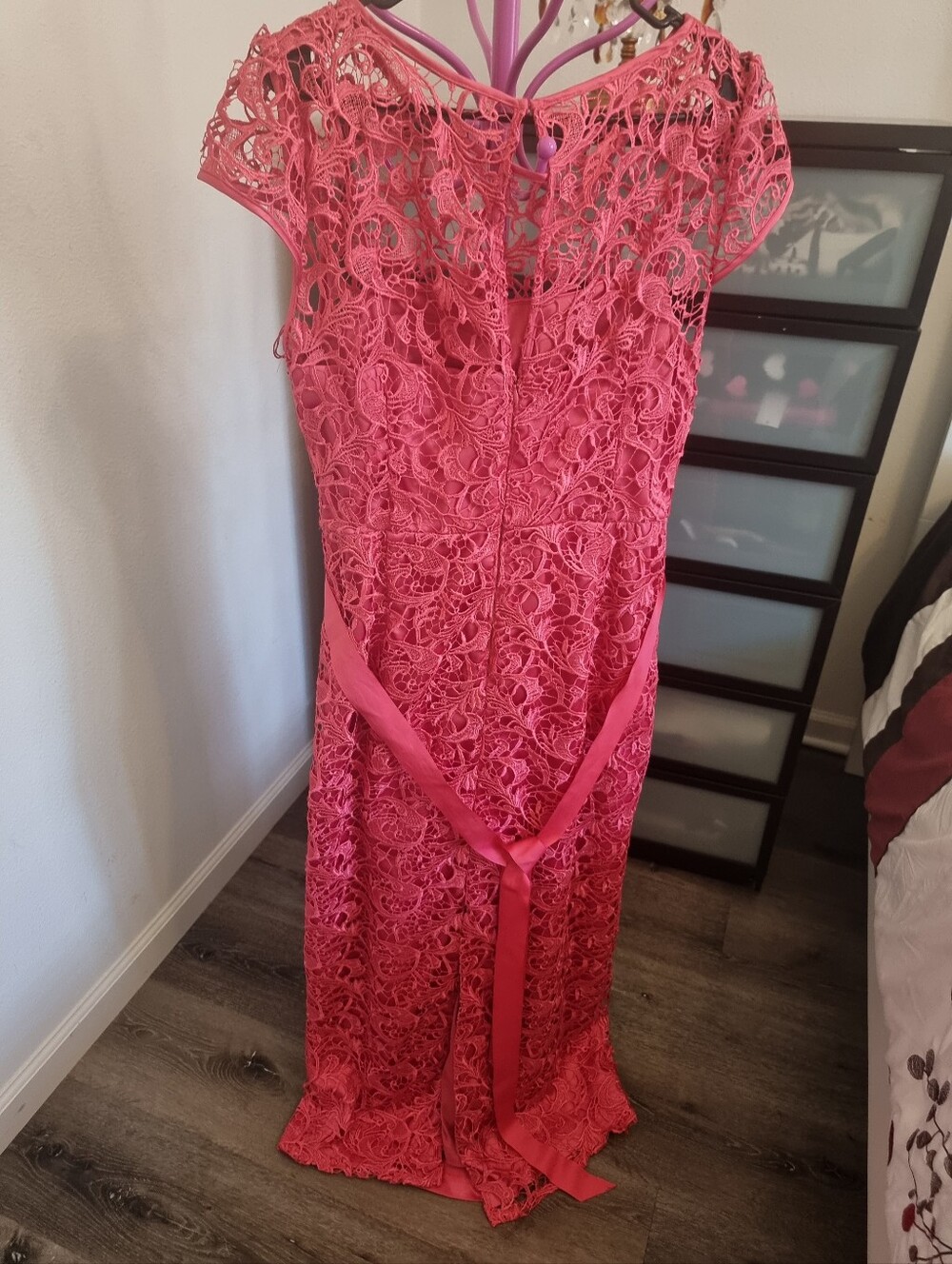 Pink Lace Maxi Dress with Ribbon Tie